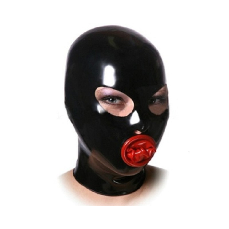Latex mask hood open eyes and mouth with red tube fetish BDSM