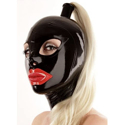 Lateksowa maska czerwone usta doczepka włosy fetysz BDSM