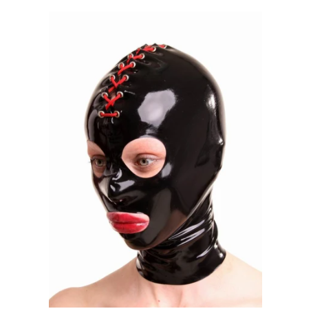 Latex mask hood with red lacing fetish BDSM